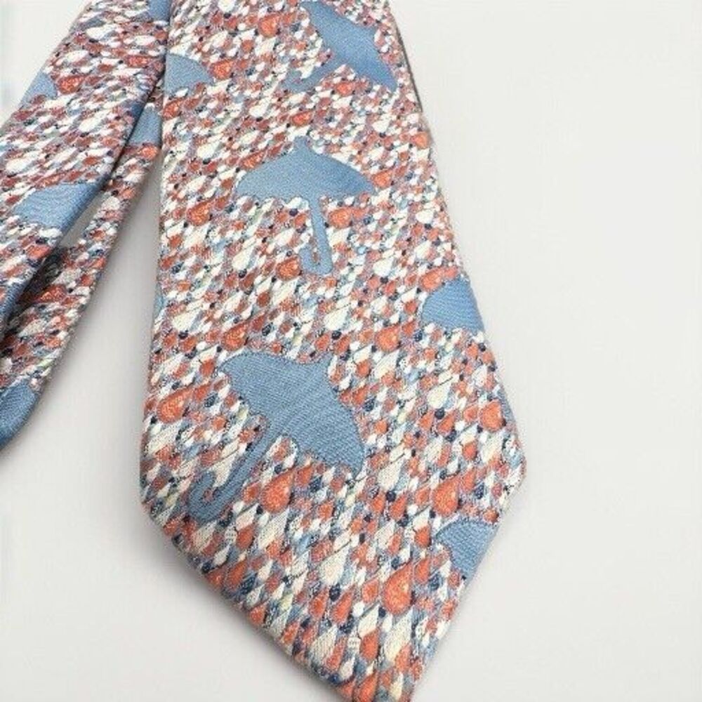 JOHNNY CARSON‎ Rare Vintage Rain Drops Umbrella Neck Tie Blue Orange 54 Inches